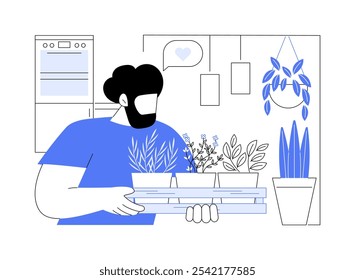 Ervas aromáticas crescentes ilustrações isoladas de vetor cartoon. Jovem cultivando planta aromática em casa, hobby de jardinagem, cultivando ervas tutorial, mãos em atividade vetor cartoon.