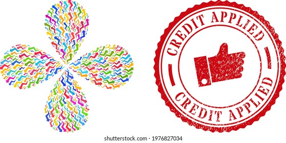 Growing arrow chart multi colored twirl fireworks, and red round CREDIT APPLIED rough stamp print. Growing arrow chart symbol inside round stamp imitation.