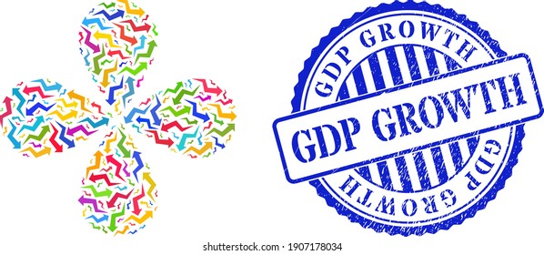 Growing arrow chart multicolored rotation abstract flower, and blue round GDP GROWTH rough badge. Element flower combined from random growing arrow chart items. Vector flower collage in flat style.