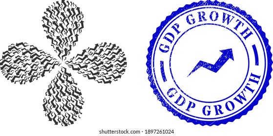 Growing arrow chart rotation flower shape, and blue round GDP GROWTH rough stamp print with icon inside. Object flower with 4 petals composed from oriented growing arrow chart items.
