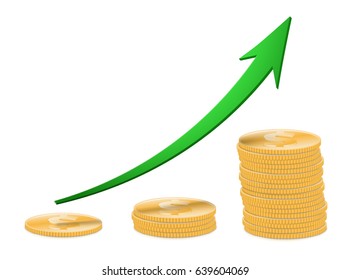 Growing arrow with coins chart  on a white background. Vector illustration. Completely ready for use in your design. See also my profile