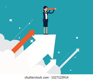 Growing arrow looking in future. Investment searching concept, Spyglass, Happy flat cartoon vector design.