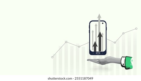 Seta crescente para cima na tela do smartphone. Mão segurando um telefone com holograma de flechas de aumento. Collage Art Vetor ilustração