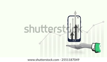 Growing arrow up on smartphone screen. Hand holding a phone with hologram of boosting arrows. Collage Art Vector illustration
