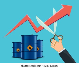 Growing arrow of the price of a barrel oil is cut with scissors. vector illustration