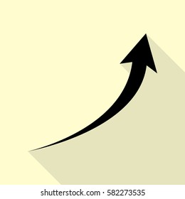 Growing arrow sign. Black icon with flat style shadow path on cream background.