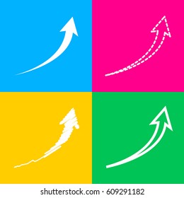 Growing arrow sign. Four styles of icon on four color squares.