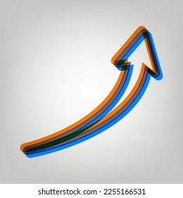 Growing arrow sign. Stroked Icon in orange, azure and old lavender Colors at gray Background. Illustration.