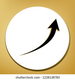 Growing arrow sign. Vector. Black icon with light brown shadow in white circle with shaped ring at golden background.