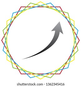 Growing arrow sign. Vector. Black icon with patch of light inside colorful hexagonal frames at white background.