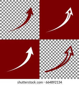 Growing arrow sign. Vector. Bordo and white icons and line icons on chess board with transparent background.