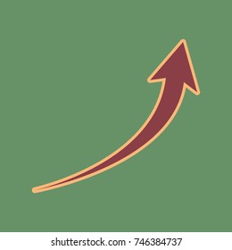 Growing arrow sign. Vector. Cordovan icon and mellow apricot halo with light khaki filled space at russian green background.