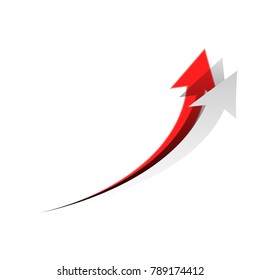 Growing arrow sign. Vector. Detachable paper icon with red body stock. Isolated.
