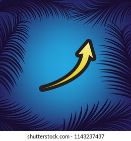 Growing arrow sign. Vector. Golden icon with black contour at blue background with branches of palm trees.
