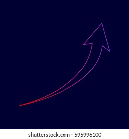 Growing arrow sign. Vector. Line icon with gradient from red to violet colors on dark blue background.