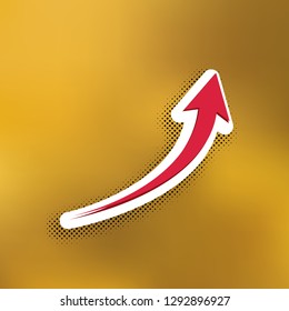 Growing arrow sign. Vector. Magenta icon with darker shadow, white sticker and black popart shadow on golden background.