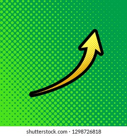 Growing arrow sign. Vector. Pop art orange to yellow dots-gradient icon with black contour at greenish background.