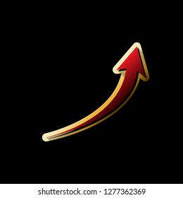 Growing arrow sign. Vector. Red icon with small black and limitless shadows at golden sticker on black background.
