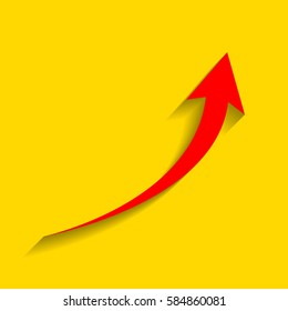 Growing arrow sign. Vector. Red icon with soft shadow on golden background.
