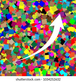 Growing arrow sign. Vector. White icon on colorful background with seamless pattern from squares.