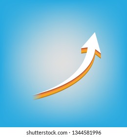 Growing arrow sign. Vector. White icon with 3d warm-colored gradient body at sky blue background.