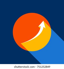 Growing arrow sign. Vector. White icon on tangelo circle with infinite shadow of light at cool black background. Selective yellow and bright navy blue are produced.