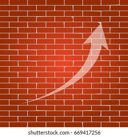 Growing arrow sign. Vector. Whitish icon on brick wall as background.