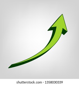 Growing arrow sign. Vector. Yellow green solid icon with dark green external body at light colored background.