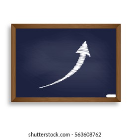Growing arrow sign. White chalk icon on blue school board with shadow as background. Isolated.