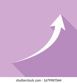 Growing arrow sign. White Icon with long shadow at purple background. Illustration.