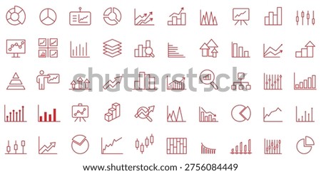 Growing bar 50 icon set. Business graphs and charts icons. Statistics and analytics vector icon. Statistic and data, charts diagrams, money, down or up arrow. Vector illustration. graph line icon set