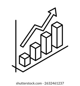 Growing bar chart with arrow pointing up. Isometric vector icon. Editable stroke.
