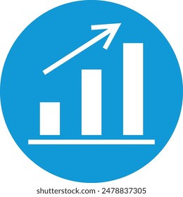 Growing bar chart display statistics, upward trend, vector illustration, isolated white background. Business data representation, increasing success, upward graph, blue circle background. Graph