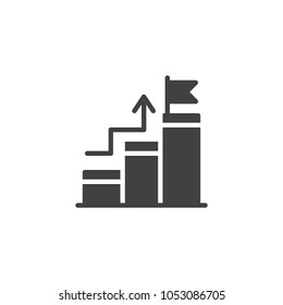Growing bar chart with flag on peak vector icon. filled flat sign for mobile concept and web design. Career ladder simple solid icon. Symbol, logo illustration. Pixel perfect vector graphics