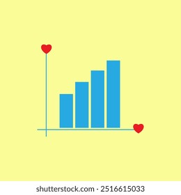 Growing bar chart graph with heart arrow vector illustration. Romance concept