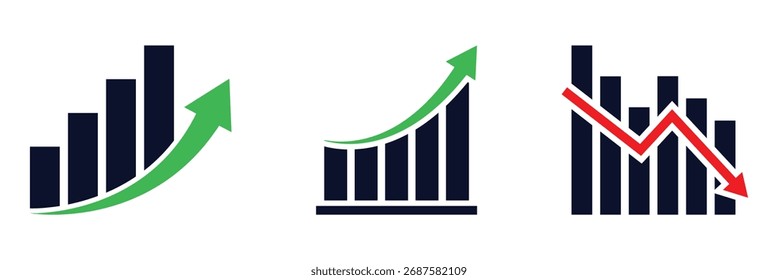 Conjunto de iconos de gráfico de barras en crecimiento. Gráfico de negocios con flechas. Colección del gráfico de crecimiento. Importe de beneficio creciente. Ilustración vectorial. EPS 10