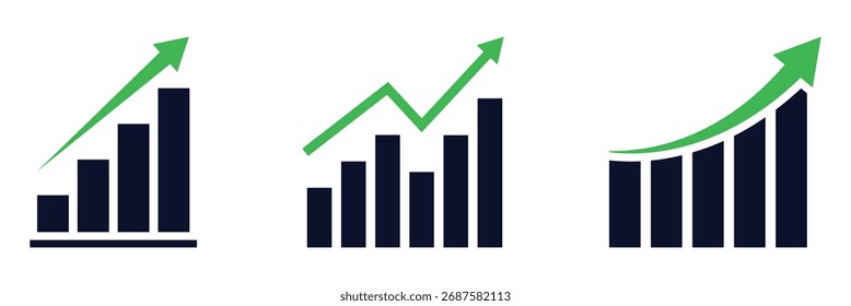 Conjunto de iconos de gráfico de barras en crecimiento. Gráfico de negocios con flechas. Colección del gráfico de crecimiento. Importe de beneficio creciente. Ilustración vectorial. EPS 10