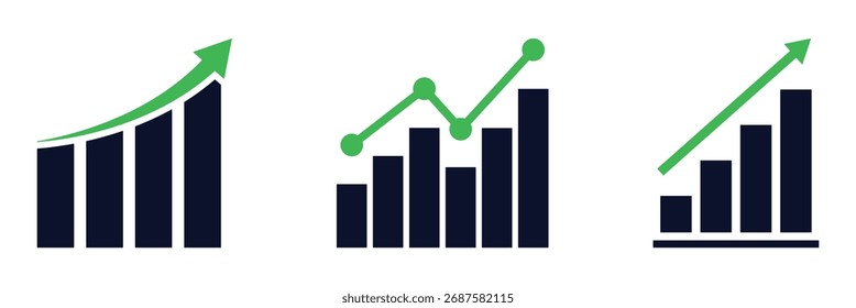 Conjunto de iconos de gráfico de barras en crecimiento. Gráfico de negocios con flechas. Colección del gráfico de crecimiento. Importe de beneficio creciente. Ilustración vectorial. EPS 10
