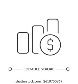 Growing bar chart line icon. Profit increasing analytics. Business data column diagram. Financial success. Isolated vector illustration. Outline symbol. Simple linear drawing. Editable stroke