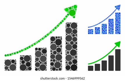 Growing bar chart trend mosaic of spheric dots in variable sizes and color tones, based on growing bar chart trend icon. Vector round dots are organized into blue mosaic.