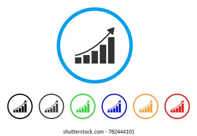 Growing Bar Chart Trend rounded icon. Style is a flat gray symbol inside light blue circle with additional colored versions. Growing Bar Chart Trend vector designed for web and software interfaces.