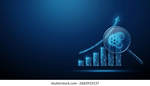 Gráfico de barras de crecimiento con flecha hacia arriba bajo lupa con engranajes en el interior. Optimización de procesos, eficiencia empresarial, concepto de crecimiento económico. Estilo futurista digital de baja poli, estructura de alambre. Vector.