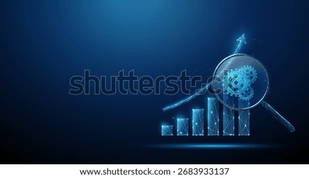 Growing bar chart with upward arrow under magnifying glass with gears inside. Process optimization, business efficiency, economic growth concept. Low poly digital futuristic style, wireframe. Vector.
