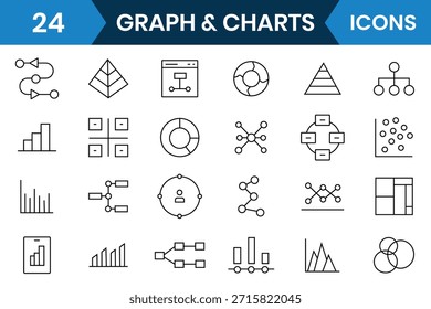 Gráfico de barras em crescimento e conjunto de ícones de gráfico. Ícones de linhas da Web de gráficos e diagramas. Conjunto de ícones de linha relacionados ao gráfico de barras, gráfico, gráfico de informações, dados, negócios, mercado de ações, estatística e dados, diagrama de gráficos.