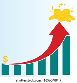 Growing bar graph icon , business sales ,revenue,shares,profit increase,money business growth vector illustration design concept with coin and red arrow image