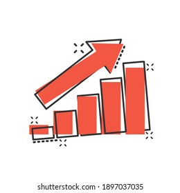 Growing bar graph icon in comic style. Increase arrow cartoon vector illustration on white background. Infographic progress splash effect business concept.