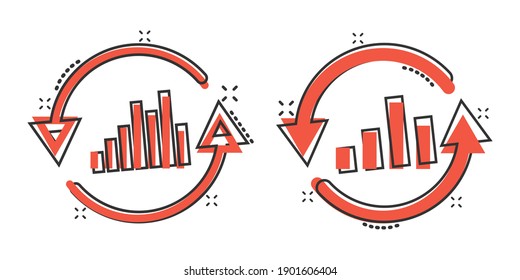Growing bar graph icon in comic style. Increase arrow cartoon vector illustration on white isolated background. Infographic progress splash effect business concept.