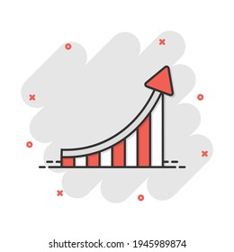 Growing bar graph icon in comic style. Increase arrow vector cartoon illustration pictogram. Infographic progress business concept splash effect.