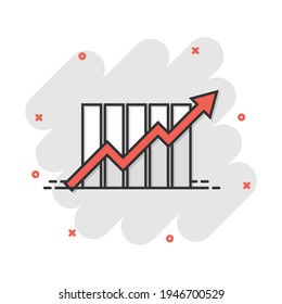 Growing bar graph icon in comic style. Increase arrow vector cartoon illustration pictogram. Infographic progress business concept splash effect.