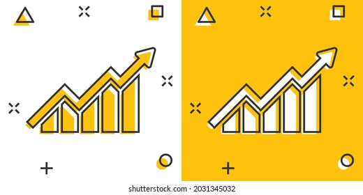 Growing bar graph icon in comic style. Increase arrow vector cartoon illustration pictogram. Infographic progress business concept splash effect.